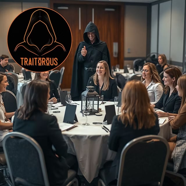 The hooded host greeting guests around the round table at a Traitorous event